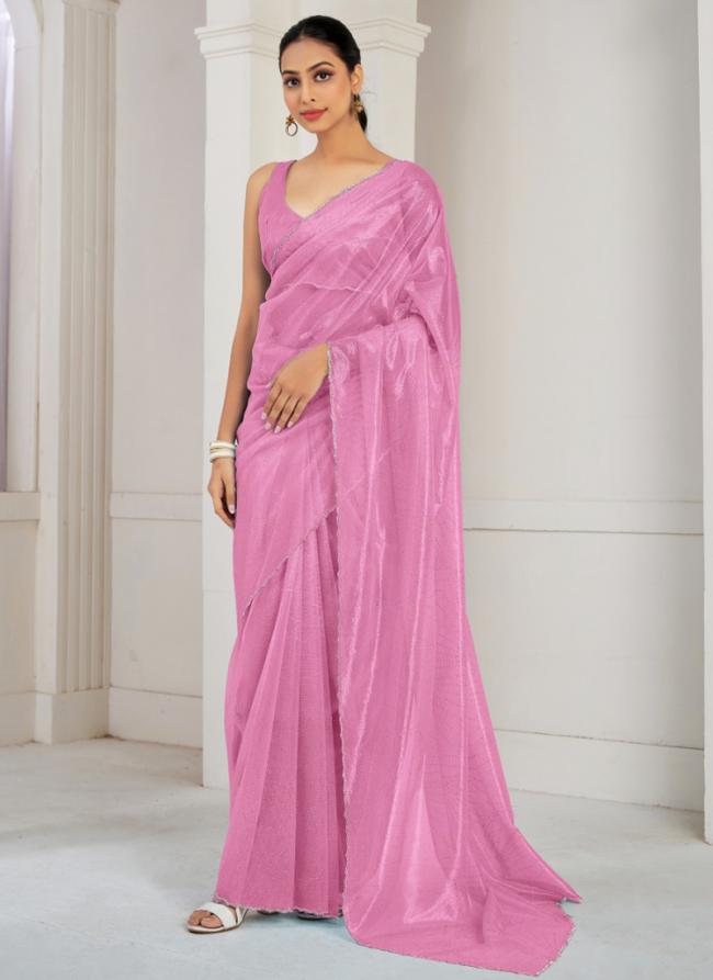 Soft Organza Pink Casual Wear Hand Work Saree